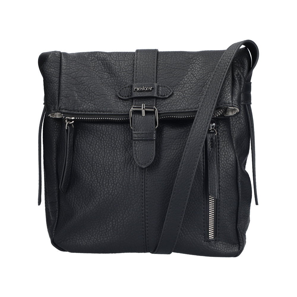 Rieker women's black pebbled faux leather cross body bag with zip pockets