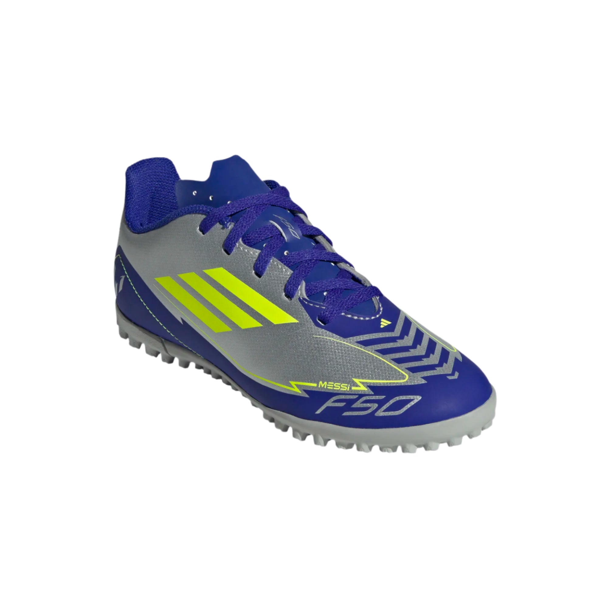 Adidas Junior Astro Turf Boots F50 TF J Messi Silver Met/Solar Yellow/Lucid Blue