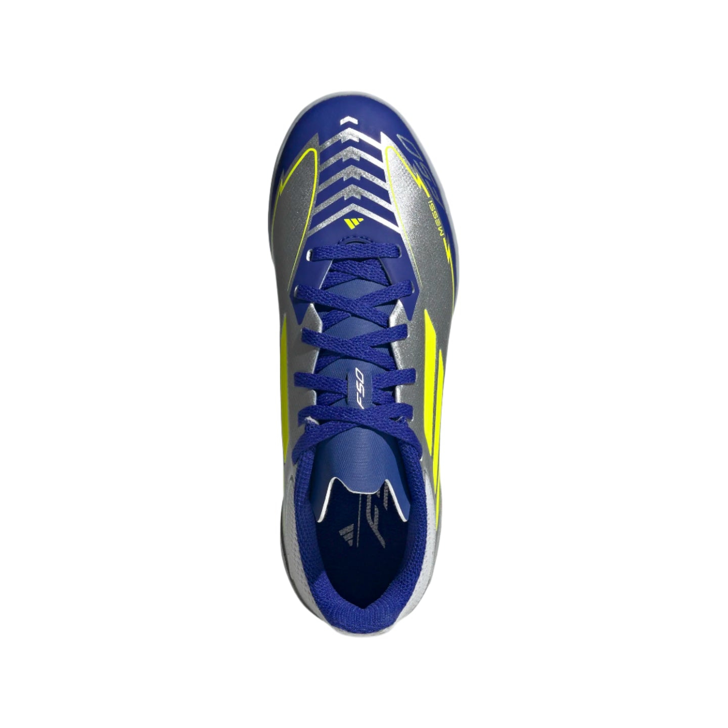 Adidas Junior Astro Turf Boot F50 League TF J Messi Silver Metallic/Solar Yellow/Lucid Blue