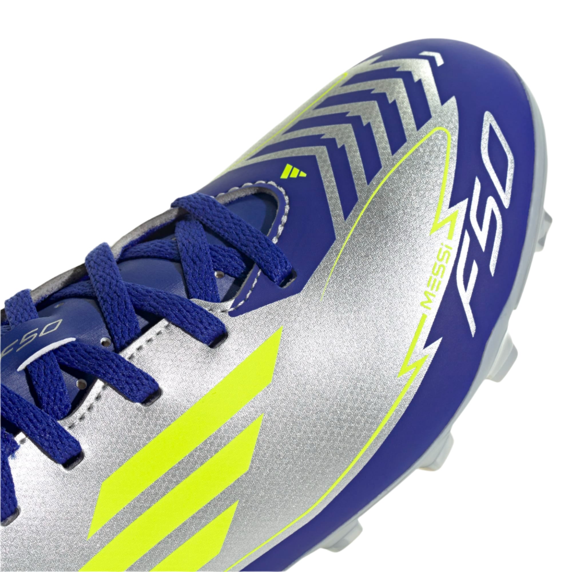 Adidas Junior Football Boot F50 FG/MG J Messi Silver Met/Solar Yellow/Lucid Blue