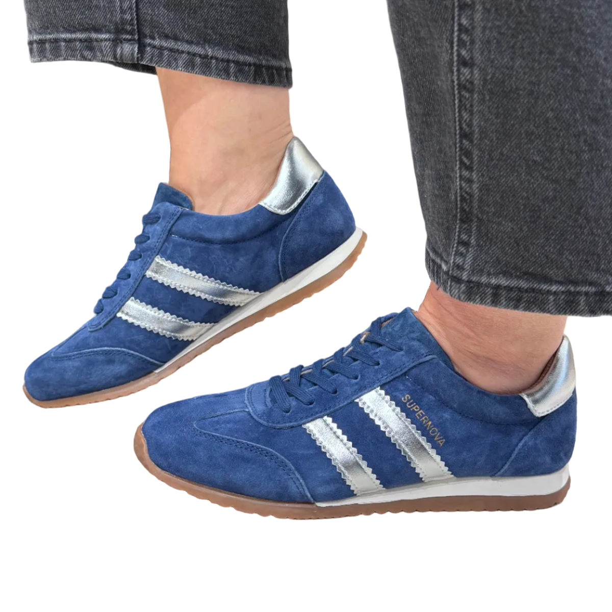 Drilleys Ninety Nine women's blue suede-effect trainers with silver stripes