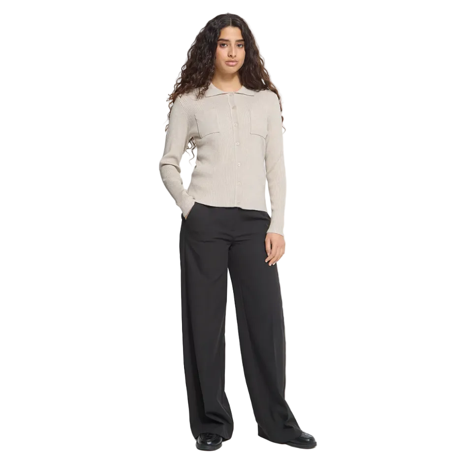 Ichi women's oatmeal melange Luls ribbed knit polo cardigan