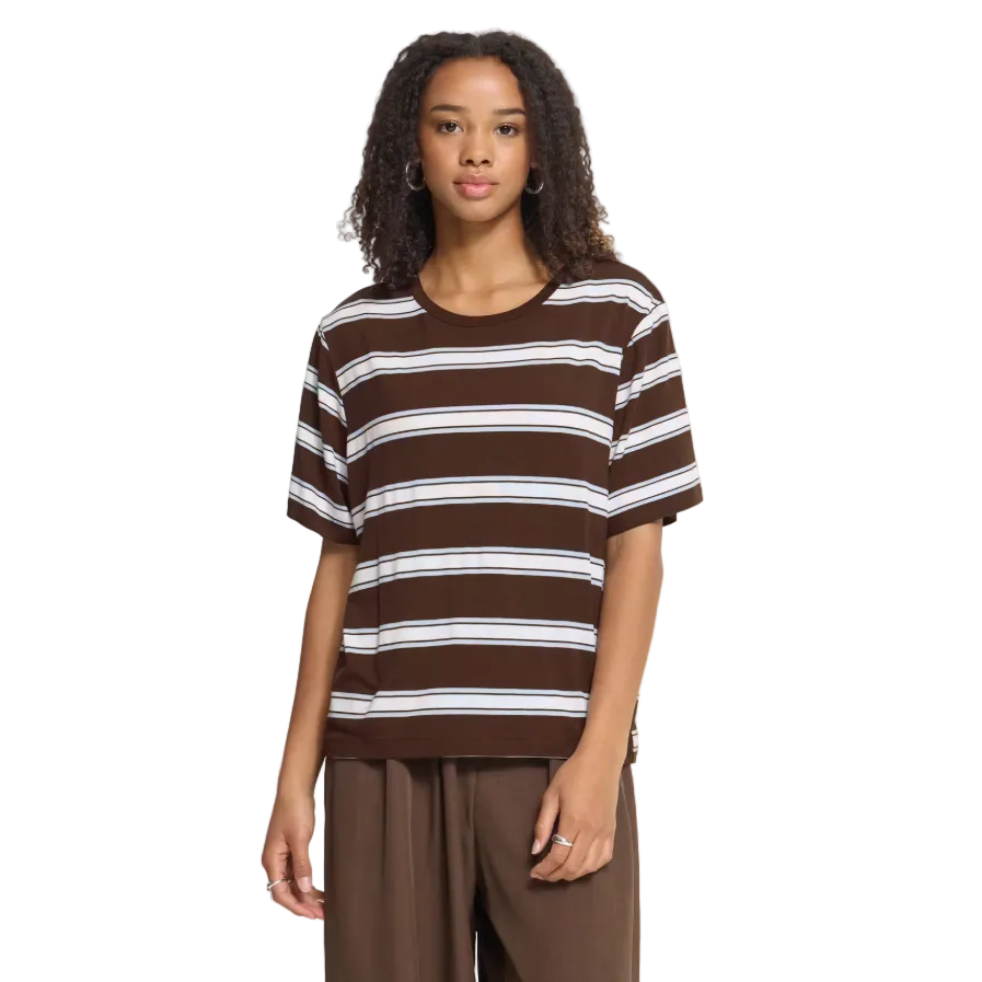Ichi women's Rebetta striped t-shirt in coffee brown and celestial blue