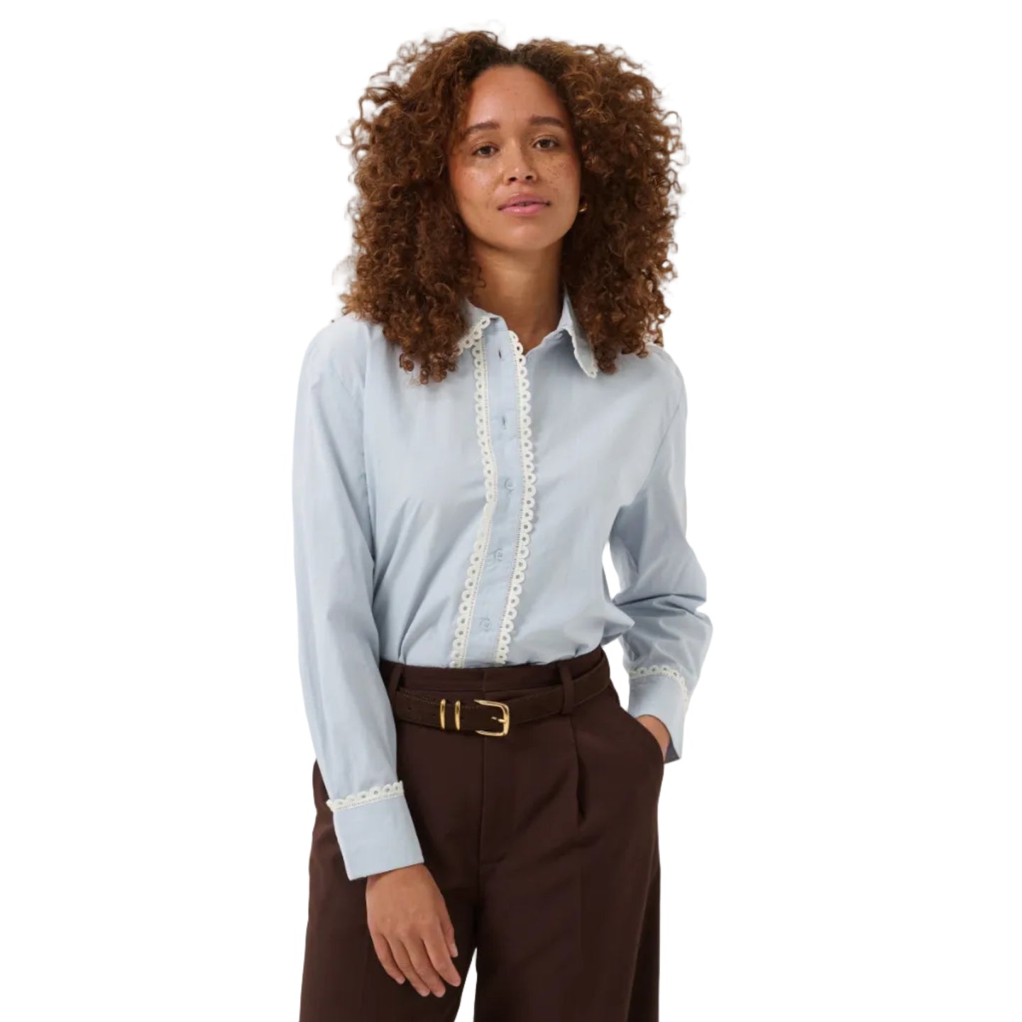 Kaffe women's blue shirt with white lace trim