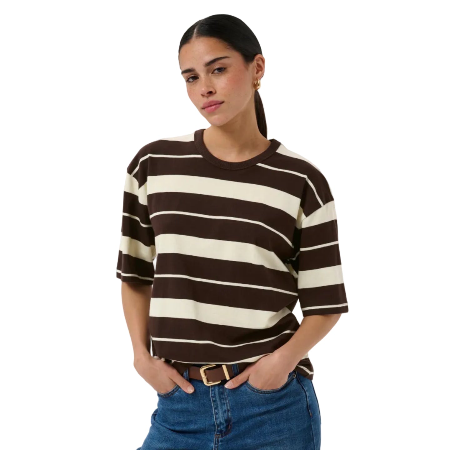Kaffe women's brown and cream striped t-shirt