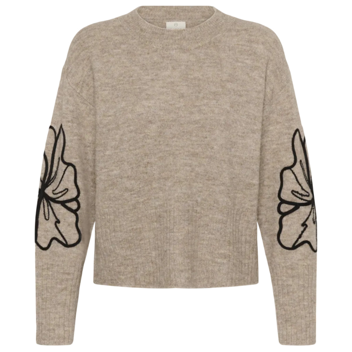 Kaffe women's Erin embroidered jumper in desert taupe with black flower