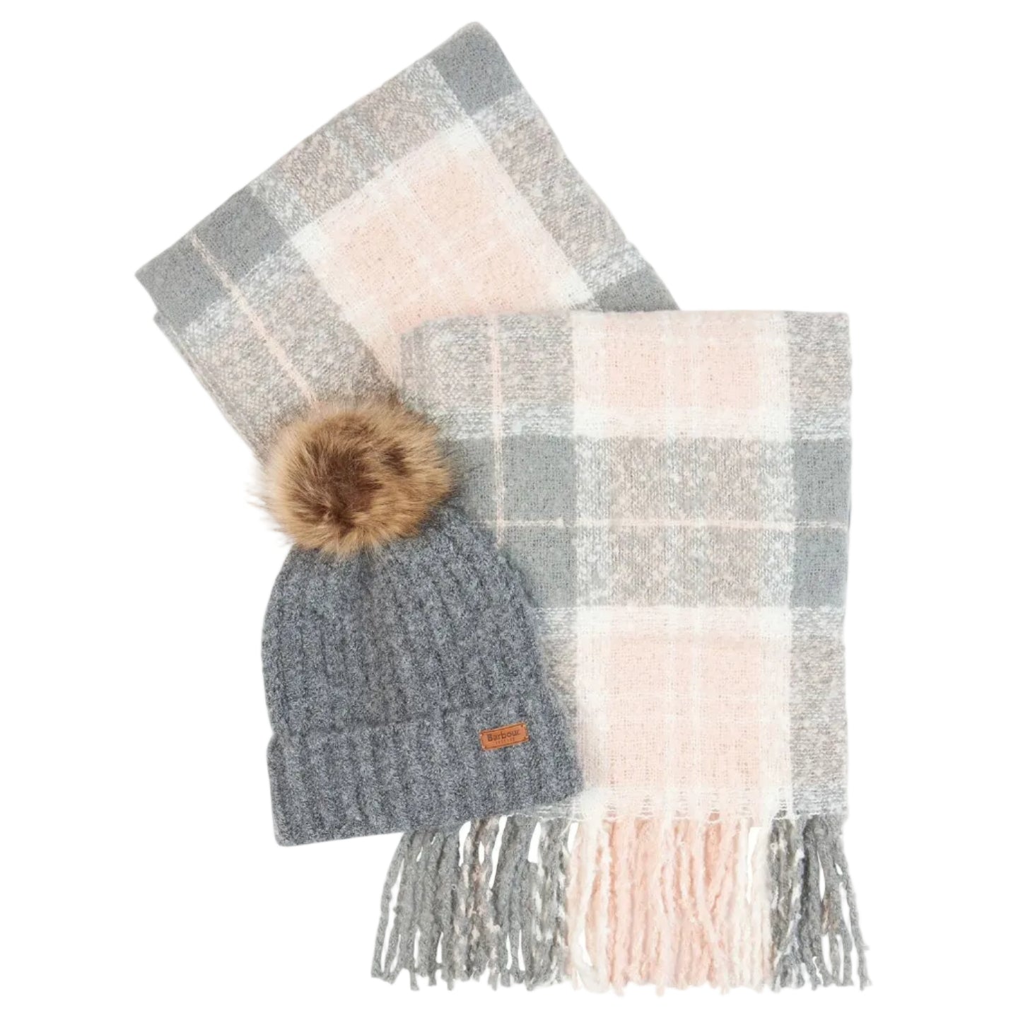 Barbour Womens Beanie/Scarf Saltburn Tartan Gift Set Grey Rose