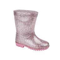 Pink glitter kids' wellington boot with rugged sole on white background