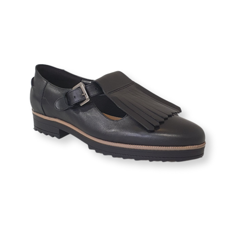 Black leather loafer with buckle strap and fringe detail, low heel, and rubber sole