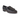 Black leather loafer with buckle strap and fringe detail, low heel, and rubber sole