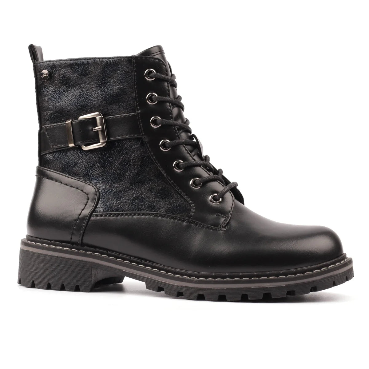 Lunar Becky women's black biker-style ankle boots with buckle strap