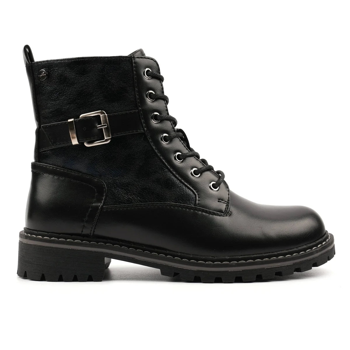 Lunar Becky women's black biker-style ankle boots with buckle strap