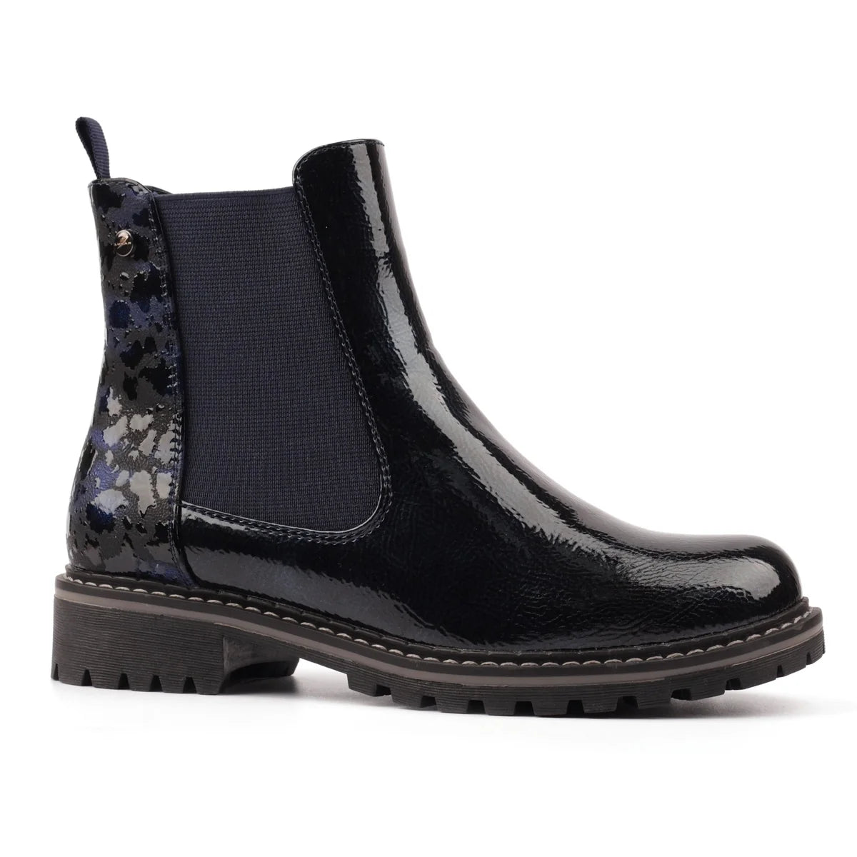 Lunar Bessy women's navy patent Chelsea boots with patterned heel
