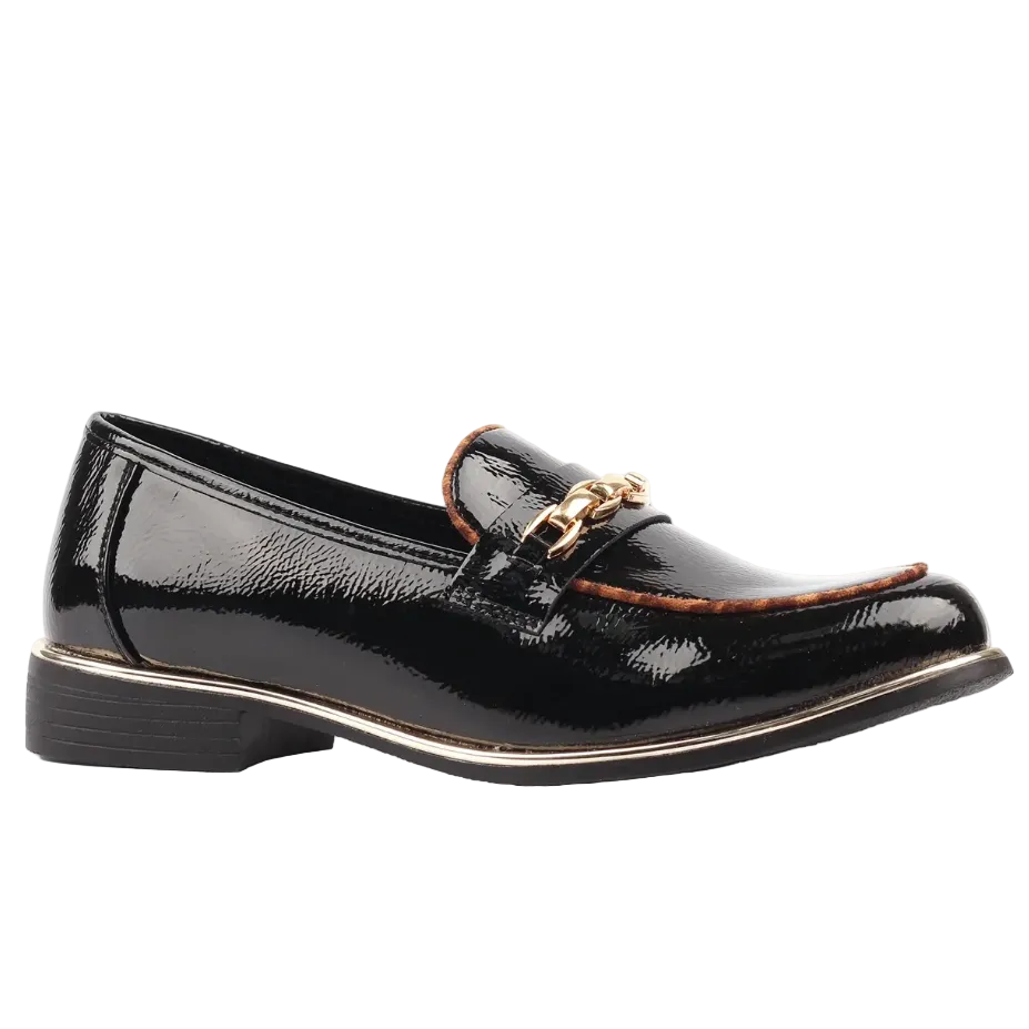 Lunar women's Mylee black patent loafers with gold-tone chain detail