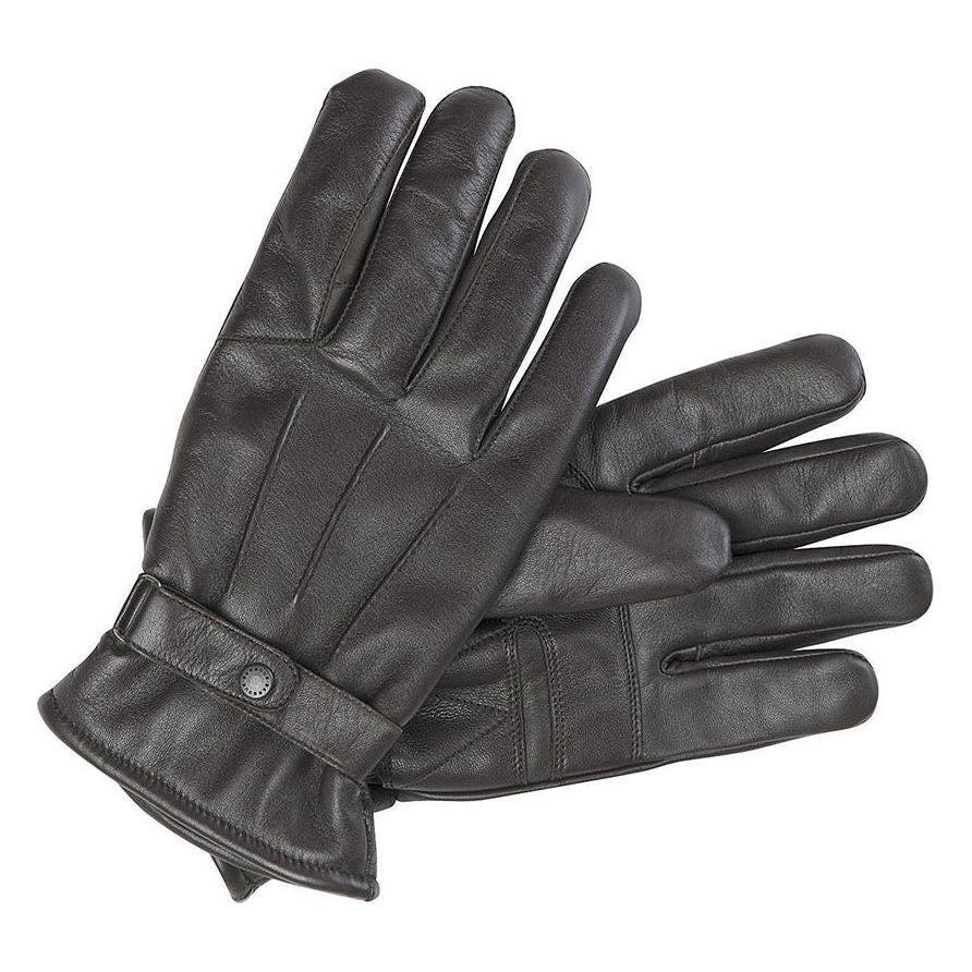Pair of dark brown leather gloves with buttoned cuffs on a white background