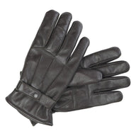 Pair of dark brown leather gloves with buttoned cuffs on a white background