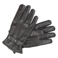 Pair of dark brown leather gloves with buttoned cuffs on a white background