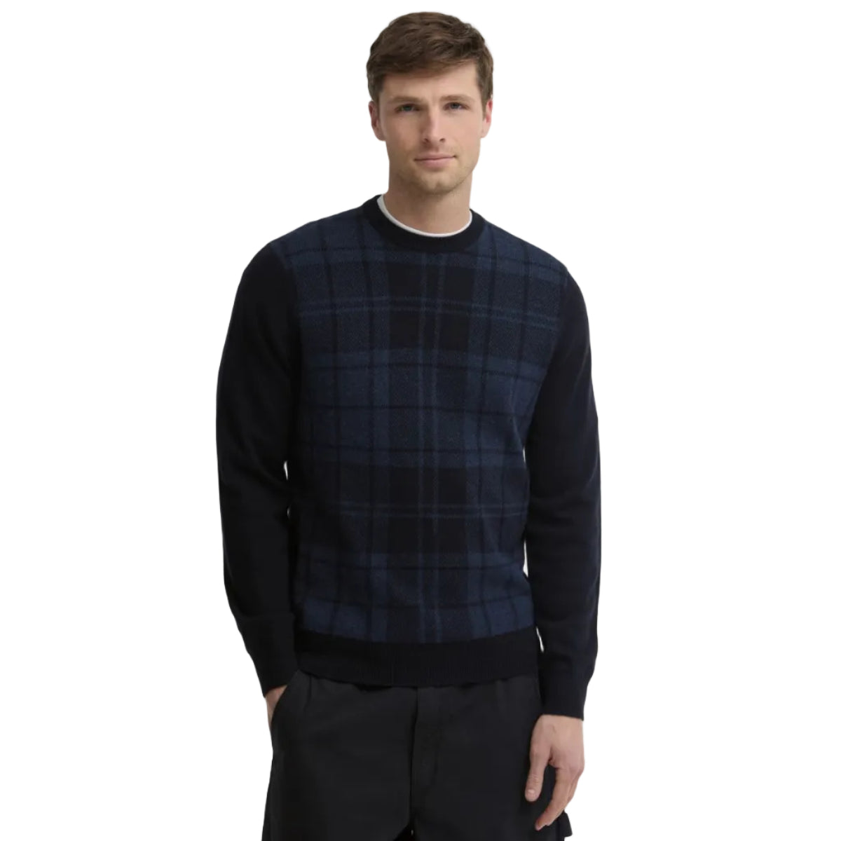 Barbour men's navy tartan crew jumper