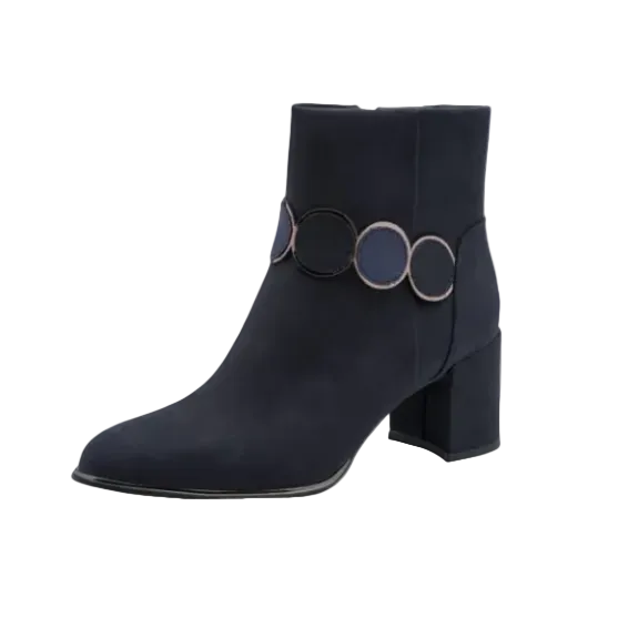 Marco Tozzi women's navy ankle boots with block heel and circular ankle detail