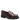 A single burgundy patent leather loafer with a chunky black lug sole and a gold-tone horsebit detail on the strap, shown against a solid green background.