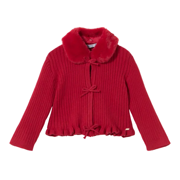 Mayoral girls' red ribbed knit cardigan with removable faux fur collar