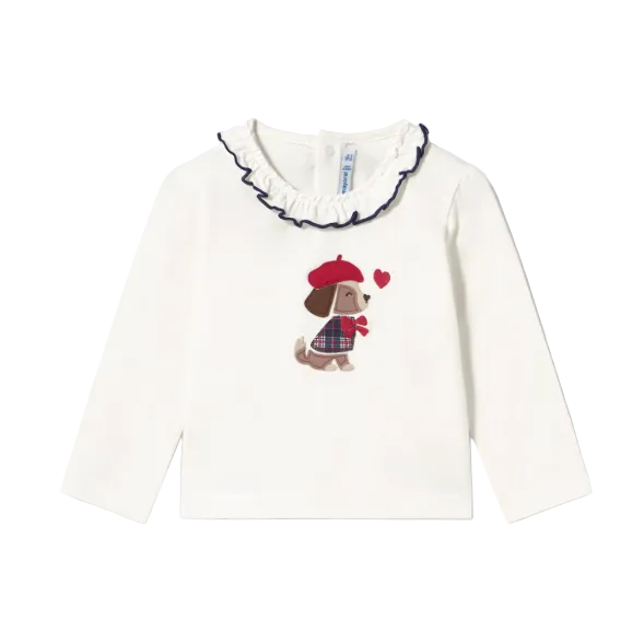 Mayoral girls' cream top with dog motif and frilled neckline