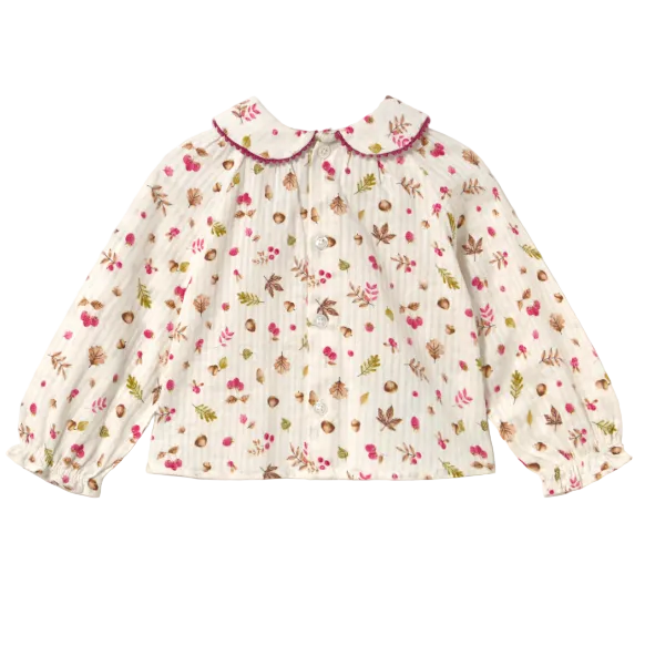 Mayoral girls' cream top with botanical print and pink trim collar