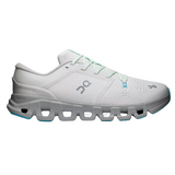 A white On Cloudrunner sneaker with light green laces and light blue accents, shown from a side profile on a light gray background.