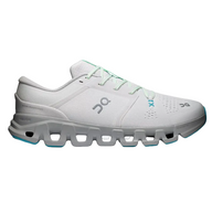 A white On Cloudrunner sneaker with light green laces and light blue accents, shown from a side profile on a light gray background.