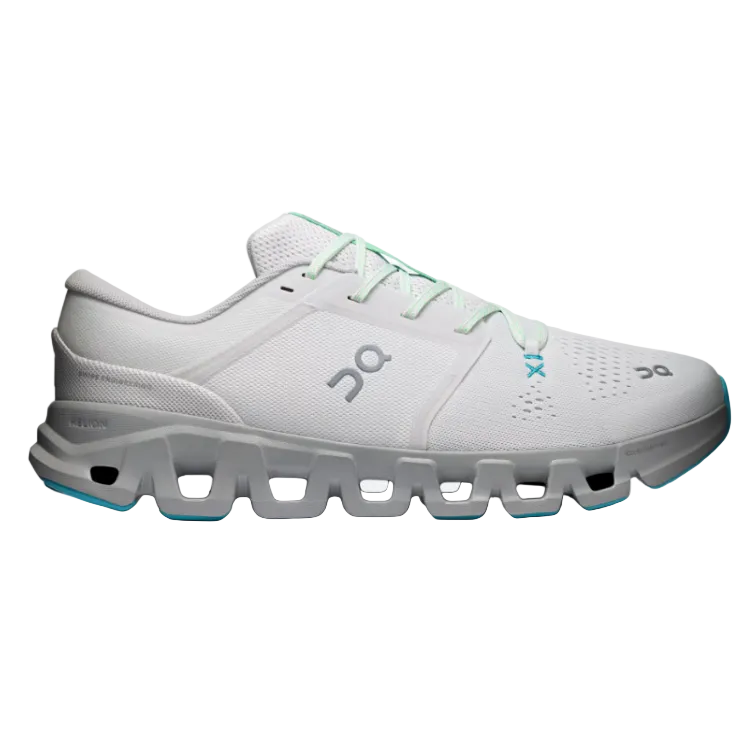 A white On Cloudrunner sneaker with light green laces and light blue accents, shown from a side profile on a light gray background.