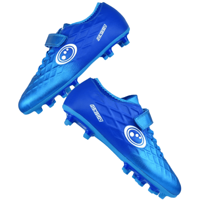Optimum Ignisio kids' blue moulded-stud rugby boots with easy-fasten strap