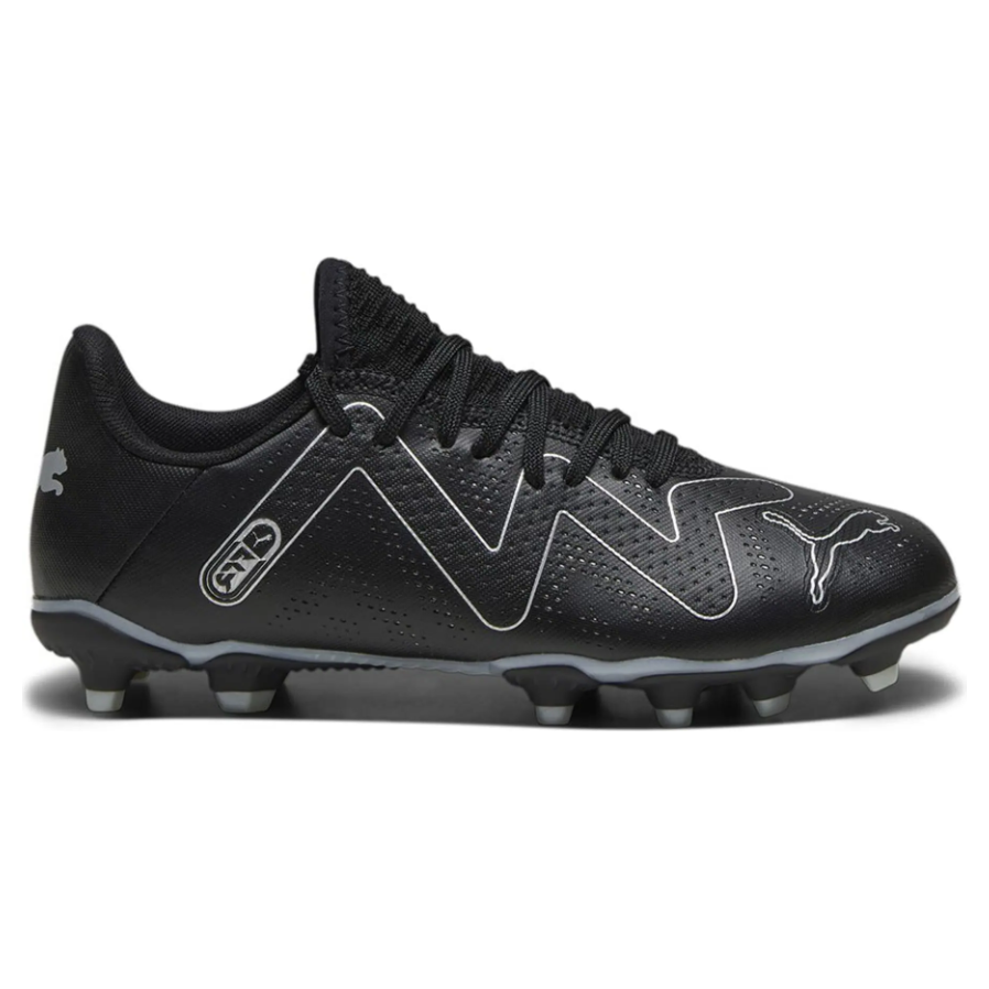 Black and silver football boot with studs and puma logo, designed for firm ground play.