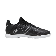 Black and silver turf football shoe with white sole, side profile, athletic footwear