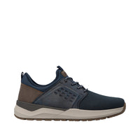 Navy blue sneaker with orange accents on a white background