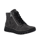 A dark gray suede ankle boot with black laces, a silver side zipper, and a chunky black sole, shown from a three-quarters angle on a white background.