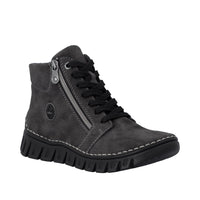 A dark gray suede ankle boot with black laces, a silver side zipper, and a chunky black sole, shown from a three-quarters angle on a white background.