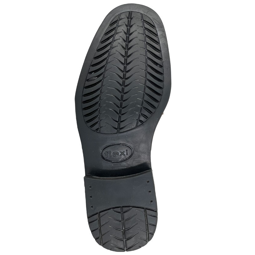 Black rubber shoe sole with anti-slip tread pattern and 'flexi' branding