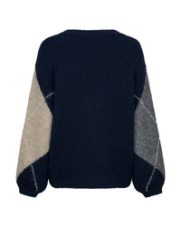 Red Button women's indigo argyle knitted jumper with contrast stitching
