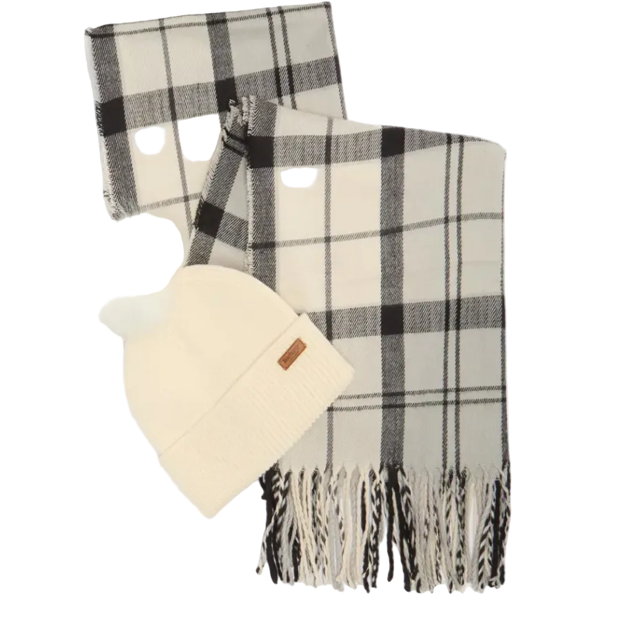 Barbour Dover Beanie & Hailes Scarf Gift Set Monchrome Tartan