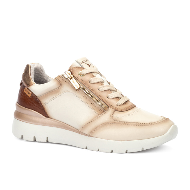 Pikolinos women's cream leather lace-up trainer