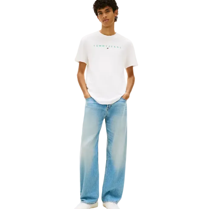 Tommy Jeans Mens Linear Logo Tee Ecru/Bahama Green