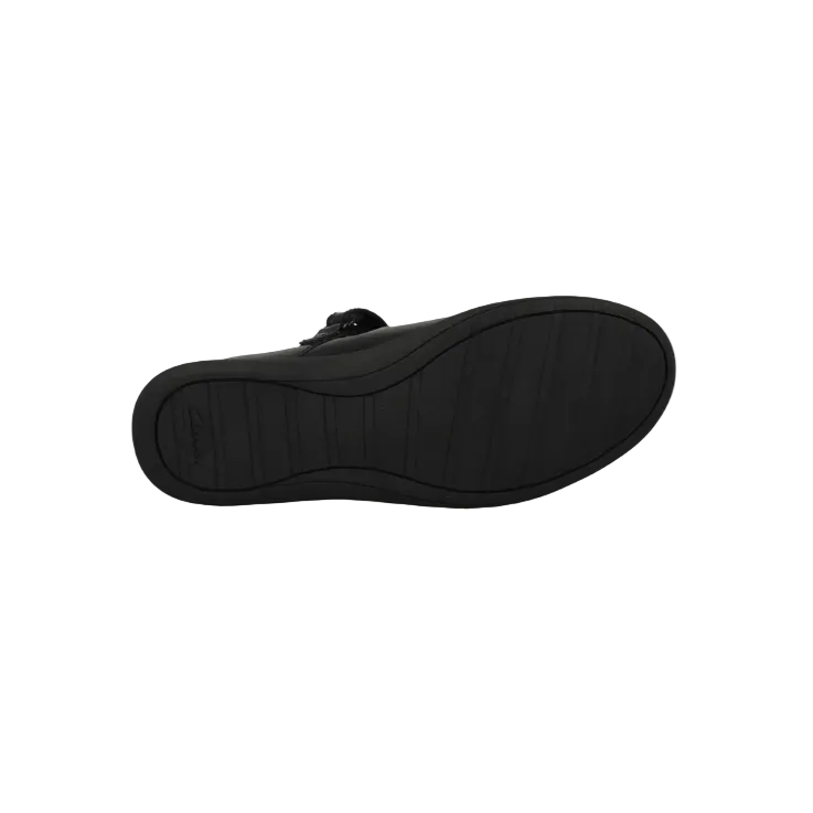 Clarks Etch Mist girls' black patent school shoe with touch-fastening strap