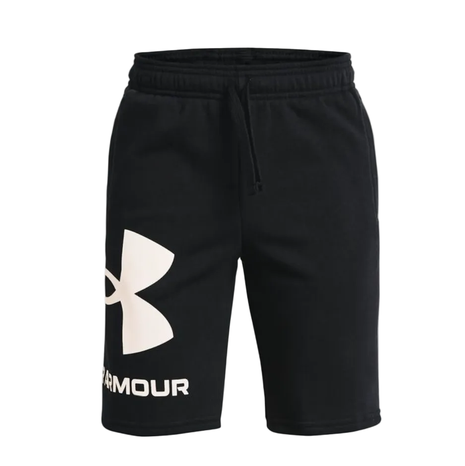 Under Armour Rival boys' black fleece shorts with drawcord waist and large logo
