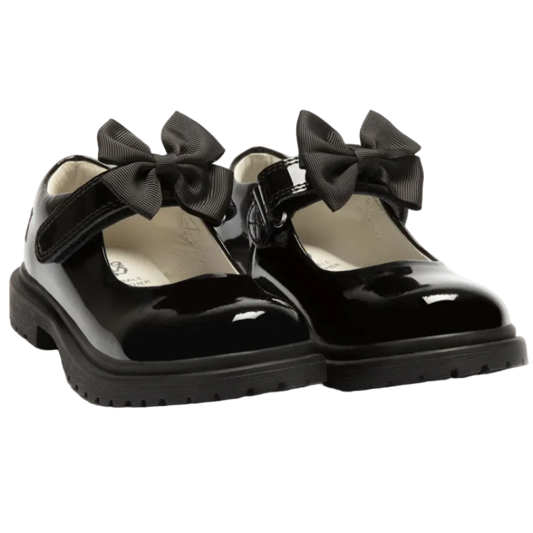 Lelli Kelly Masie girls' black patent school shoe with removable bow and velcro strap