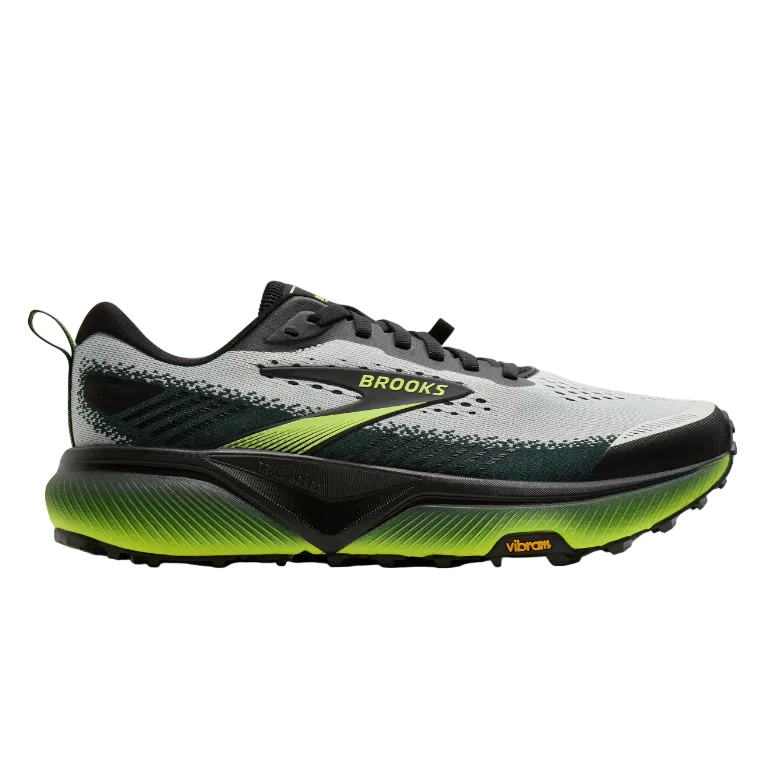 Brooks men's Cascadia 20 trail running trainer in grey, black and nightlife yellow