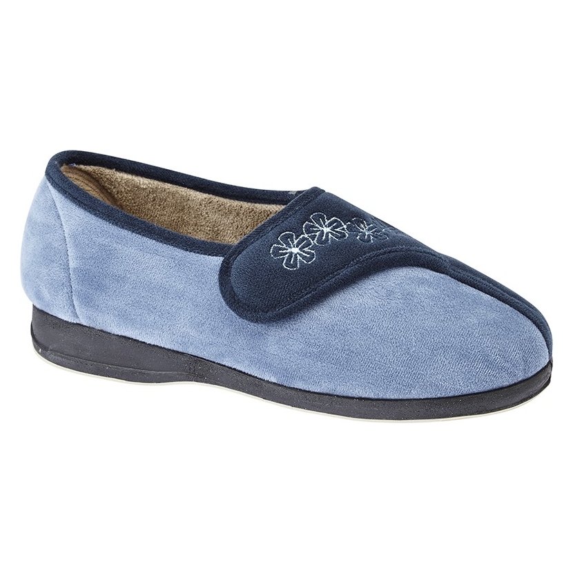 Navy blue ladies slipper with floral embroidery and velcro strap on rubber sole
