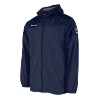 Navy blue lightweight hooded sports jacket with zip closure and Stanno logo on chest