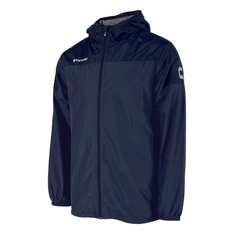 Navy blue lightweight hooded sports jacket with zip closure and Stanno logo on chest