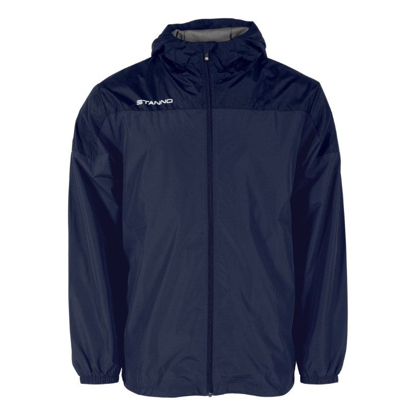 Navy blue Stanno waterproof jacket with hood and zip front, long sleeves, lightweight design