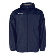 Navy blue Stanno waterproof jacket with hood and zip front, long sleeves, lightweight design